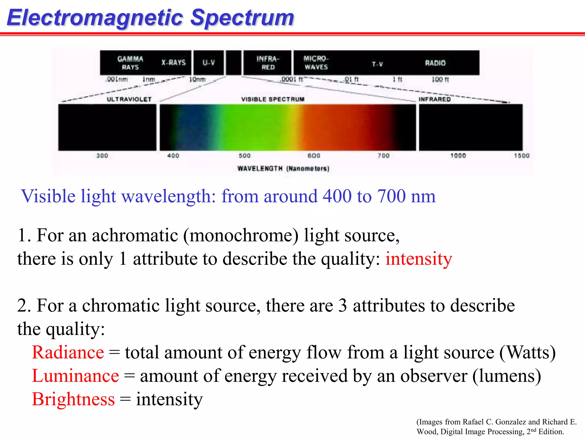 (Images from Rafael C. Gonzalez and Richard E.
Wood, Digital Image Processing, 2nd Edition.
Electromagnetic Spectrum
Visible light wavelength: from around 400 to 700 nm
1. For an achromatic (monochrome) light source,
there is only 1 attribute to describe the quality: intensity
2. For a chromatic light source, there are 3 attributes to describe
the quality:
Radiance = total amount of energy flow from a light source (Watts)
Luminance = amount of energy received by an observer (lumens)
Brightness = intensity
 