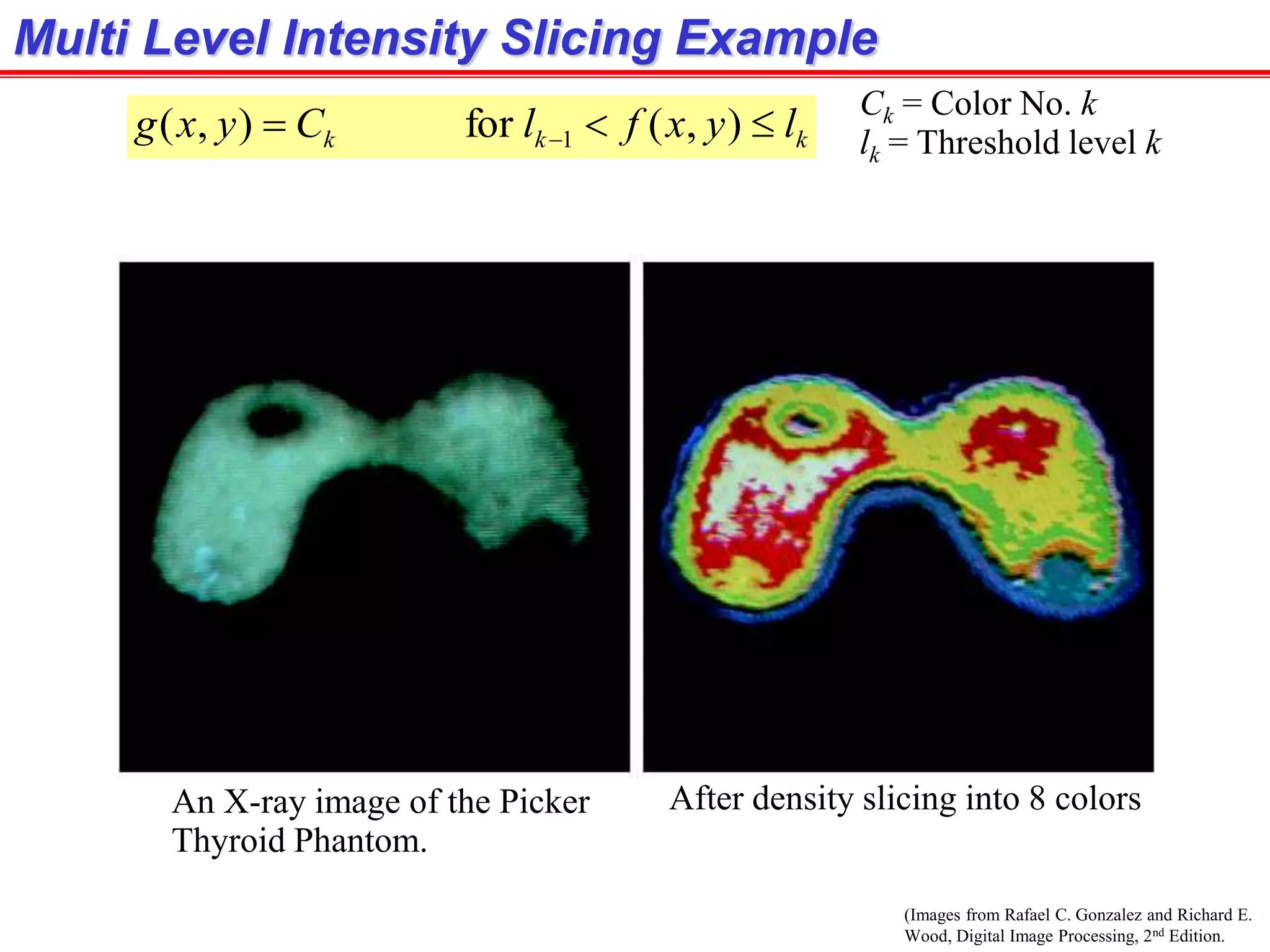 (Images from Rafael C. Gonzalez and Richard E.
Wood, Digital Image Processing, 2nd Edition.
Multi Level Intensity Slicing Example
kkk lyxflCyxg   ),(for),( 1
Ck = Color No. k
lk = Threshold level k
An X-ray image of the Picker
Thyroid Phantom.
After density slicing into 8 colors
 