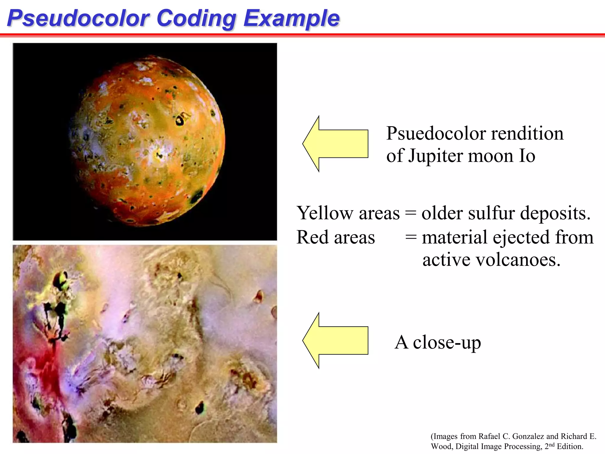 (Images from Rafael C. Gonzalez and Richard E.
Wood, Digital Image Processing, 2nd Edition.
Pseudocolor Coding Example
Psuedocolor rendition
of Jupiter moon Io
A close-up
Yellow areas = older sulfur deposits.
Red areas = material ejected from
active volcanoes.
 