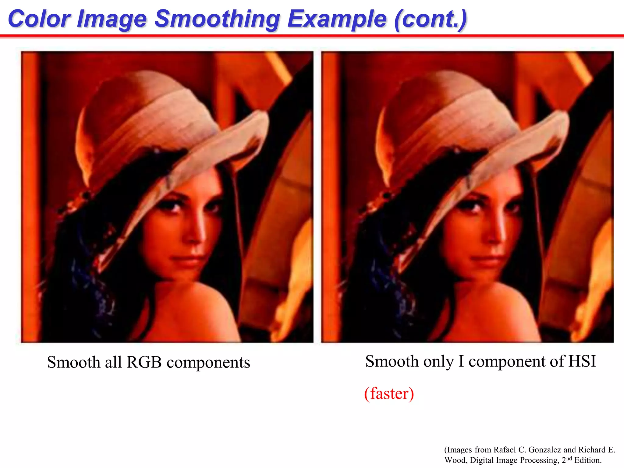 (Images from Rafael C. Gonzalez and Richard E.
Wood, Digital Image Processing, 2nd Edition.
Color Image Smoothing Example (cont.)
Smooth all RGB components Smooth only I component of HSI
(faster)
 