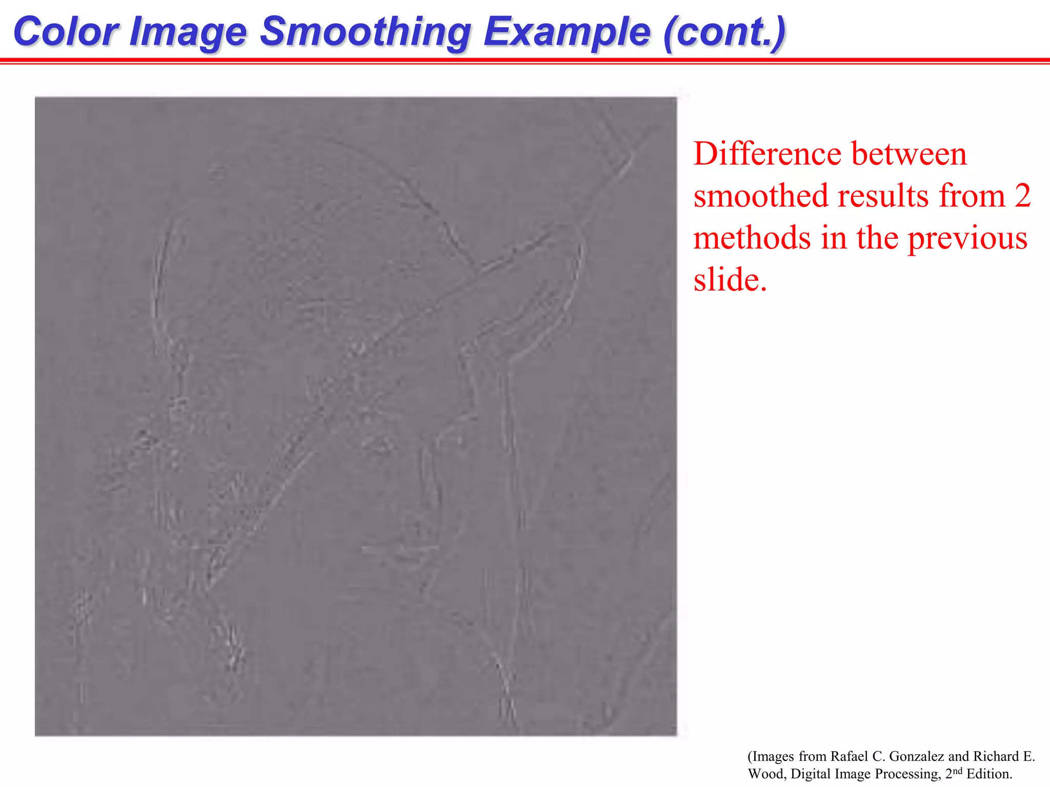 Color Image Smoothing Example (cont.)
Difference between
smoothed results from 2
methods in the previous
slide.
(Images from Rafael C. Gonzalez and Richard E.
Wood, Digital Image Processing, 2nd Edition.
 
