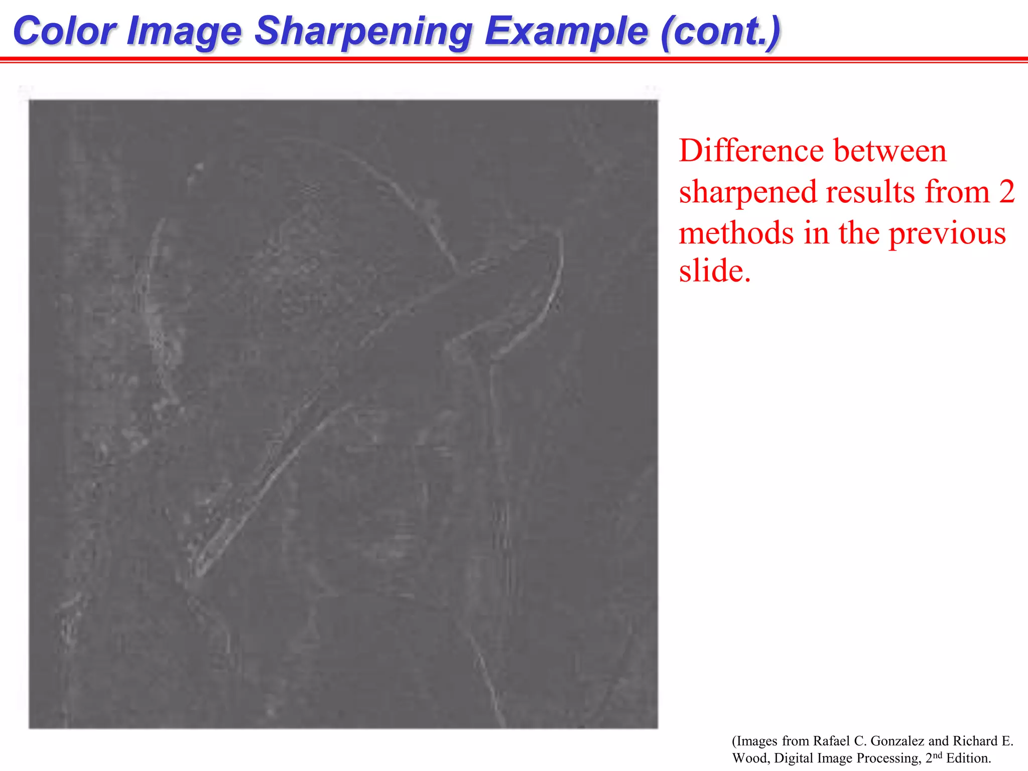 (Images from Rafael C. Gonzalez and Richard E.
Wood, Digital Image Processing, 2nd Edition.
Color Image Sharpening Example (cont.)
Difference between
sharpened results from 2
methods in the previous
slide.
 