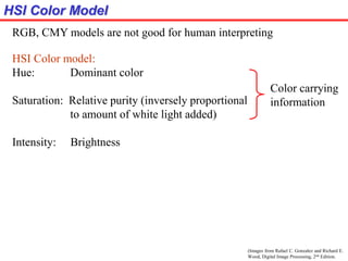 (Images from Rafael C. Gonzalez and Richard E.
Wood, Digital Image Processing, 2nd Edition.
HSI Color Model
RGB, CMY models are not good for human interpreting
HSI Color model:
Hue: Dominant color
Saturation: Relative purity (inversely proportional
to amount of white light added)
Intensity: Brightness
Color carrying
information
 