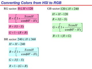 Converting Colors from HSI to RGB
)1( SIB 








)60cos(
cos
1
H
HS
IR 
)(1 BRG 
RG sector: 1200  H GB sector: 240120  H
)1( SIR 








)60cos(
cos
1
H
HS
IG 
)(1 GRB 
)1( SIG 








)60cos(
cos
1
H
HS
IB 
)(1 BGR 
BR sector: 360240  H
120 HH
240 HH
 