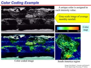 (Images from Rafael C. Gonzalez and Richard E.
Wood, Digital Image Processing, 2nd Edition.
Color Coding Example
A unique color is assigned to
each intensity value.
Gray-scale image of average
monthly rainfall.
Color coded image
Color
map
South America region
 