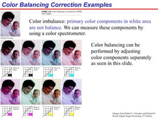 (Images from Rafael C. Gonzalez and Richard E.
Wood, Digital Image Processing, 2nd Edition.
Color Balancing Correction Examples
Color imbalance: primary color components in white area
are not balance. We can measure these components by
using a color spectrometer.
Color balancing can be
performed by adjusting
color components separately
as seen in this slide.
 