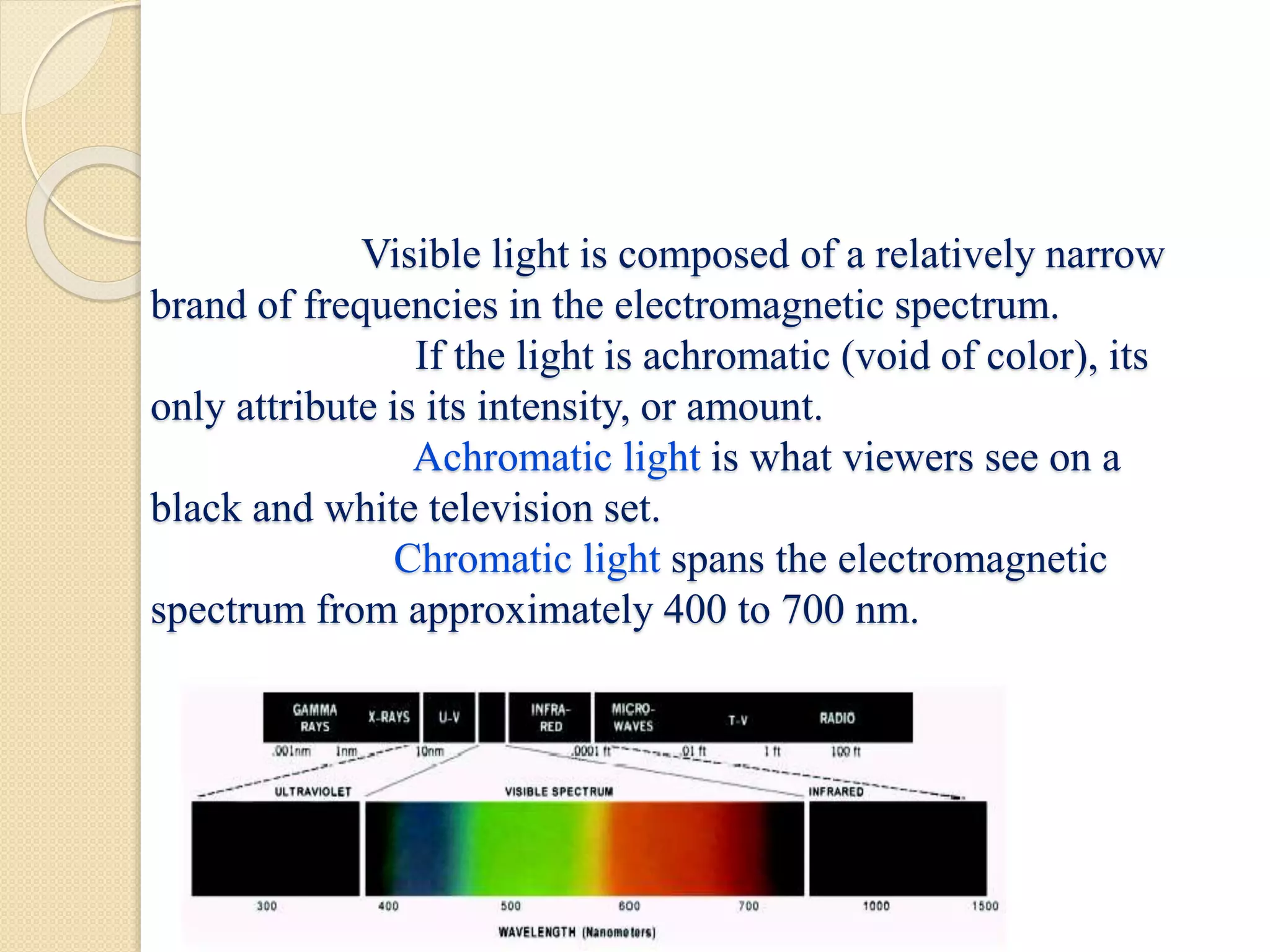 Visible light is composed of a relatively narrow
brand of frequencies in the electromagnetic spectrum.
If the light is achromatic (void of color), its
only attribute is its intensity, or amount.
Achromatic light is what viewers see on a
black and white television set.
Chromatic light spans the electromagnetic
spectrum from approximately 400 to 700 nm.
 