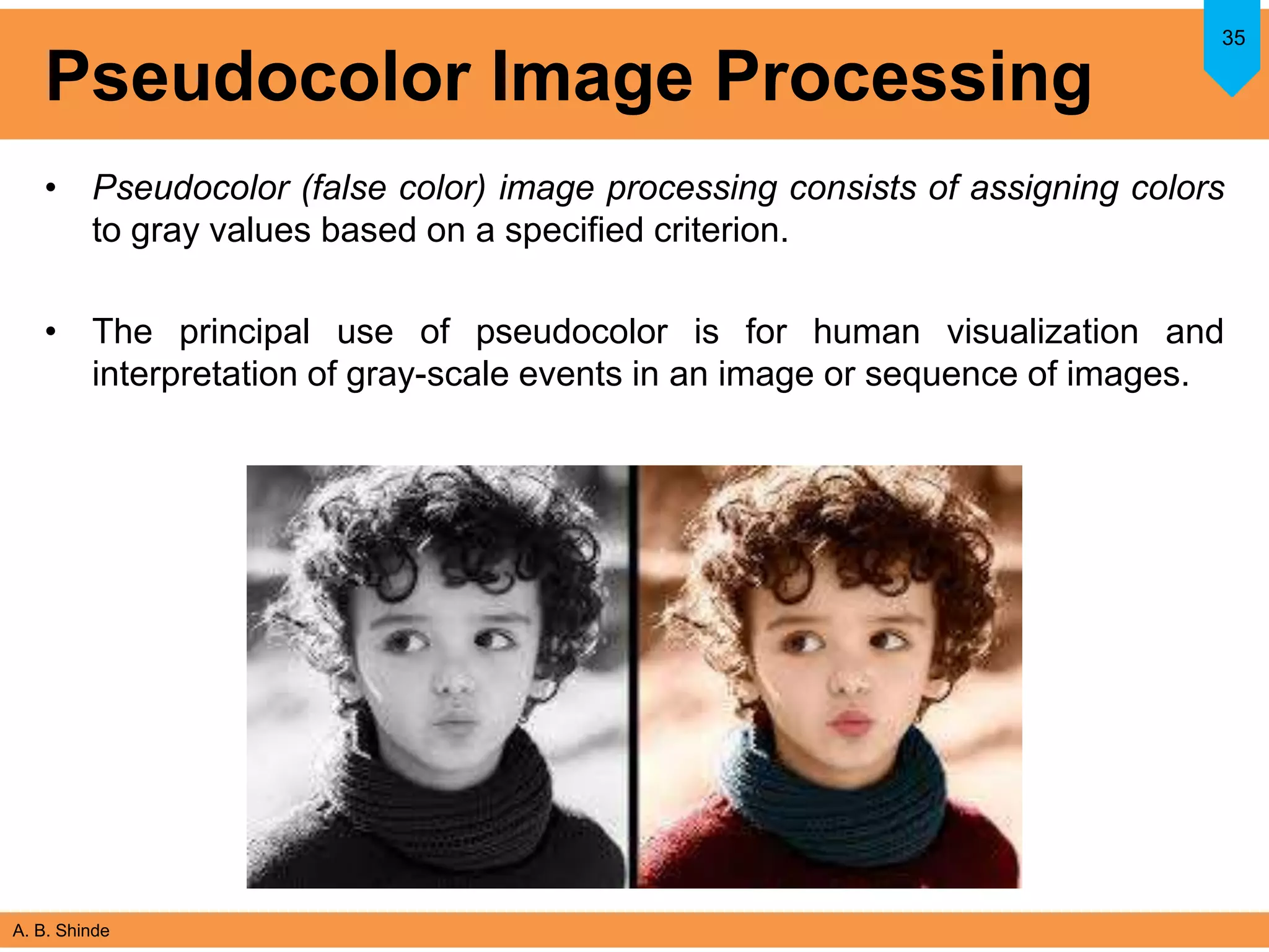 A. B. Shinde
Pseudocolor Image Processing
• Pseudocolor (false color) image processing consists of assigning colors
to gray values based on a specified criterion.
• The principal use of pseudocolor is for human visualization and
interpretation of gray-scale events in an image or sequence of images.
35
 