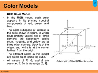 A. B. Shinde
Color Models
• RGB Color Model:
• In the RGB model, each color
appears in its primary spectral
components of red, green, and
blue.
• The color subspace of interest is
the cube shown in figure, in which
RGB primary values are at three
corners; the secondary colors
cyan, magenta, and yellow are at
three other corners; black is at the
origin; and white is at the corner
farthest from the origin.
• The different colors in this model
are points on or inside the cube.
• All values of R, G, and B are
assumed to be in the range [0, 1].
20
Schematic of the RGB color cube
 