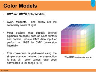 A. B. Shinde
Color Models
• CMY and CMYK Color Models:
• Cyan, Magenta, and Yellow are the
secondary colors of light.
• Most devices that deposit colored
pigments on paper, such as color printers
and copiers, require CMY data input or
perform an RGB to CMY conversion
internally.
• This conversion is performed using the
simple operation where, the assumption
is that all color values have been
normalized to the range [0, 1].
24
The RGB safe color cube
 