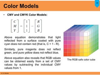 A. B. Shinde
Color Models
• CMY and CMYK Color Models:
25
The RGB safe color cube
Above equation demonstrates that light
reflected from a surface coated with pure
cyan does not contain red (that is, C = 1 - R).
Similarly, pure magenta does not reflect
green, and pure yellow does not reflect blue.
Above equation also reveals that RGB values
can be obtained easily from a set of CMY
values by subtracting the individual CMY
values from 1.
 
