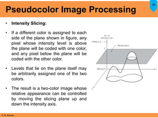 A. B. Shinde
Pseudocolor Image Processing
• Intensity Slicing:
• If a different color is assigned to each
side of the plane shown in figure, any
pixel whose intensity level is above
the plane will be coded with one color,
and any pixel below the plane will be
coded with the other color.
• Levels that lie on the plane itself may
be arbitrarily assigned one of the two
colors.
• The result is a two-color image whose
relative appearance can be controlled
by moving the slicing plane up and
down the intensity axis.
38
 