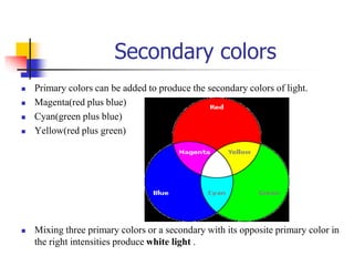 Secondary colors
 Primary colors can be added to produce the secondary colors of light.
 Magenta(red plus blue)
 Cyan(green plus blue)
 Yellow(red plus green)
 Mixing three primary colors or a secondary with its opposite primary color in
the right intensities produce white light .
 