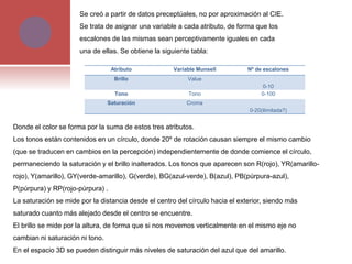 Se creó a partir de datos preceptúales, no por aproximación al CIE.
Se trata de asignar una variable a cada atributo, de forma que los
escalones de las mismas sean perceptivamente iguales en cada
una de ellas. Se obtiene la siguiente tabla:
Atributo Variable Munsell Nº de escalones
Brillo Value
0-10
Tono Tono 0-100
Saturación Croma
0-20(ilimitada?)
Donde el color se forma por la suma de estos tres atributos.
Los tonos están contenidos en un círculo, donde 20º de rotación causan siempre el mismo cambio
(que se traducen en cambios en la percepción) independientemente de donde comience el círculo,
permaneciendo la saturación y el brillo inalterados. Los tonos que aparecen son R(rojo), YR(amarillo-
rojo), Y(amarillo), GY(verde-amarillo), G(verde), BG(azul-verde), B(azul), PB(púrpura-azul),
P(púrpura) y RP(rojo-púrpura) .
La saturación se mide por la distancia desde el centro del círculo hacia el exterior, siendo más
saturado cuanto más alejado desde el centro se encuentre.
El brillo se mide por la altura, de forma que si nos movemos verticalmente en el mismo eje no
cambian ni saturación ni tono.
En el espacio 3D se pueden distinguir más niveles de saturación del azul que del amarillo.
 