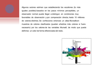 Algunos autores estiman que estableciendo los escalones (lo más
iguales posibles) basados en los pasos mínimos perceptibles, un
observador normal puede llegar a distinguir, en condiciones muy
favorables de observación y por comparación directa, hasta 10 millones
de colores distintos. Se confecciona entonces un atlas Munsellcon
muestras de colores clasificados (pueden añadirse más colores si fuera
necesario) por los valores de las variables Munsell, de modo que pueda
definirse un color de forma diferenciada del resto.
 