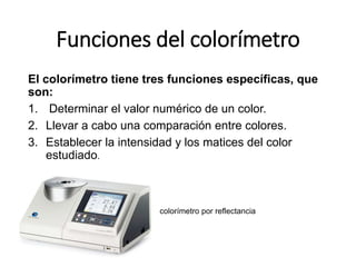 Funciones del colorímetro
El colorímetro tiene tres funciones específicas, que
son:
1. Determinar el valor numérico de un color.
2. Llevar a cabo una comparación entre colores.
3. Establecer la intensidad y los matices del color
estudiado.
colorímetro por reflectancia
 
