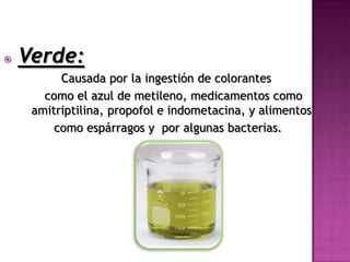    Verde:
          Causada por la ingestión de colorantes
       como el azul de metileno, medicamentos como
     amitriptilina, propofol e indometacina, y alimentos
         como espárragos y por algunas bacterias.
 
