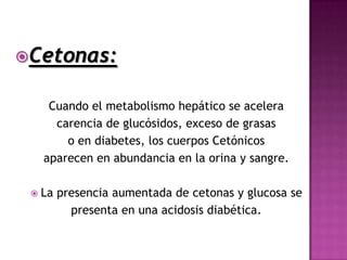 Cetonas:


    Cuando el metabolismo hepático se acelera
     carencia de glucósidos, exceso de grasas
       o en diabetes, los cuerpos Cetónicos
   aparecen en abundancia en la orina y sangre.

  La   presencia aumentada de cetonas y glucosa se
          presenta en una acidosis diabética.
 