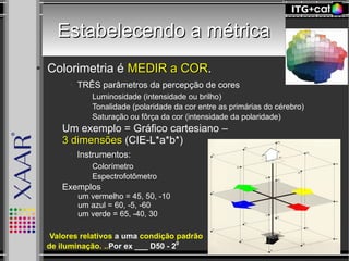 Estabelecendo a métricaEstabelecendo a métrica
● Colorimetria é MEDIR a CORMEDIR a COR.
● TRÊS parâmetros da percepção de cores
– Luminosidade (intensidade ou brilho)
– Tonalidade (polaridade da cor entre as primárias do cérebro)
– Saturação ou fôrça da cor (intensidade da polaridade)
– Um exemplo = Gráfico cartesiano –
3 dimensões3 dimensões (CIE-L*a*b*)
● Instrumentos:
– Colorímetro
– Espectrofotômetro
– Exemplos
um vermelho = 45, 50, -10
um azul = 60, -5, -60
um verde = 65, -40, 30
●Valores relativos a uma condição padrão
de iluminação. ..Por ex ___ D50 - 20
 