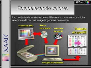 Estabelecendo valoresEstabelecendo valores
● Um conjunto de amostras de cor lidas em um scanner constitui a
referencia de cor das imagens geradas no mesmo
 