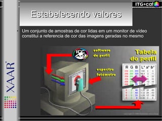 Estabelecendo valoresEstabelecendo valores
● Um conjunto de amostras de cor lidas em um monitor de vídeo
constitui a referencia de cor das imagens geradas no mesmo
 