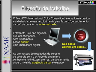 Filosofia de trabalhoFilosofia de trabalho
● O fluxo ICC (International Color Consortium) é uma forma prática
estabelecida de usar a colorimetria para fazer o “gerenciamento
da cor” de uma forma automatizada.
●
● Entretanto, isto não significa
que um chimpanzé
sem treinamento
possa operar
uma impressora digital.
●
● As promessas de resultados de cores e
de controle sem o esforço de angariar o
conhecimento induzem a erros, particularmente
onde o nível de exigência da cor é elevado.
Não basta
apertar um botão...
 