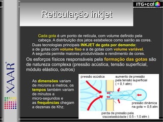Reticulação inkjetReticulação inkjet
– Cada gota é um ponto de retícula, com volume definido pela
cabeça. A distribuição dos jatos estabelece como sairão as cores.
● Duas tecnologias principais INKJET de gota por demanda:
a de gotas com volume fixo e a de gotas com volume variável.
A segunda permite maiores produtividade e rendimento de cores.
– Os esforços físicos responsáveis pela formação das gotasformação das gotas são
de natureza complexa (pressão acústica, tensão superficial,
módulo elástico, outros)
●
● As dimensões variam
de microns a metros, os
tempos também variam
de minutos a
micro-segundos e
as frequências chegam
a dezenas de Khz.
 