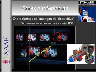 Cores e referênciasCores e referências
● O problema dos “espaços de dispositivo”.
● Todos os monitores de vídeo tem primárias RGB...
As cores nunca são
iguais...
 