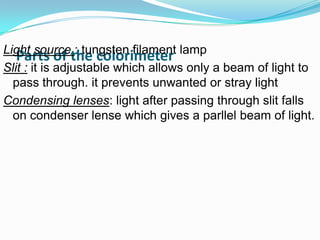 Parts of the colorimeterLight source : tungsten filament lamp
Slit : it is adjustable which allows only a beam of light to
pass through. it prevents unwanted or stray light
Condensing lenses: light after passing through slit falls
on condenser lense which gives a parllel beam of light.
 