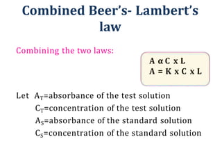 Combined Beer’s- Lambert’s
law
Combining the two laws:
A α C x L
A = K x C x L
Let AT=absorbance of the test solution
CT=concentration of the test solution
AS=absorbance of the standard solution
CS=concentration of the standard solution
 