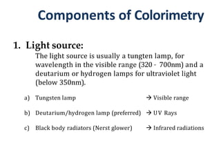Components of Colorimetry
1. Light source:
The light source is usually a tungten lamp, for
wavelength in the visible range (320 – 700nm) and a
deutarium or hydrogen lamps for ultraviolet light
(below 350nm).
a) Tungsten lamp  Visible range
b) Deutarium/hydrogen lamp (preferred)  UV Rays
c) Black body radiators (Nerst glower)  Infrared radiations
 