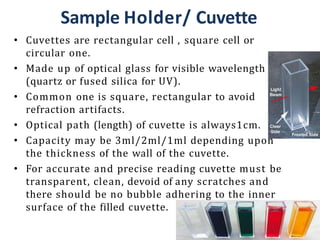 Sample Holder/ Cuvette
• Cuvettes are rectangular cell , square cell or
circular one.
• Made up of optical glass for visible wavelength
(quartz or fused silica for UV).
• Common one is square, rectangular to avoid
refraction artifacts.
• Optical path (length) of cuvette is always1cm.
• Capacity may be 3ml/2ml/1ml depending upon
the thickness of the wall of the cuvette.
• For accurate and precise reading cuvette must be
transparent, clean, devoid of any scratches and
there should be no bubble adhering to the inner
surface of the filled cuvette.
 