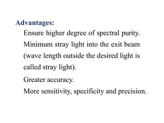 Advantages:
Ensure higher degree of spectral purity.
Minimum stray light into the exit beam
(wave length outside the desired light is
called stray light).
Greater accuracy.
More sensitivity, specificity and precision.
 