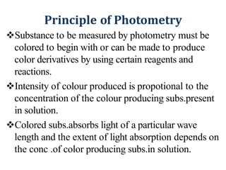 Principle of Photometry
Substance to be measured by photometry must be
colored to begin with or can be made to produce
color derivatives by using certain reagents and
reactions.
Intensity of colour produced is propotional to the
concentration of the colour producing subs.present
in solution.
Colored subs.absorbs light of a particular wave
length and the extent of light absorption depends on
the conc .of color producing subs.in solution.
 