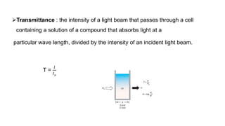Transmittance : the intensity of a light beam that passes through a cell
containing a solution of a compound that absorbs light at a
particular wave length, divided by the intensity of an incident light beam.
T =
𝐼
𝐼𝑂
 