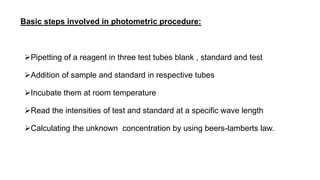 Basic steps involved in photometric procedure:
Pipetting of a reagent in three test tubes blank , standard and test
Addition of sample and standard in respective tubes
Incubate them at room temperature
Read the intensities of test and standard at a specific wave length
Calculating the unknown concentration by using beers-lamberts law.
 