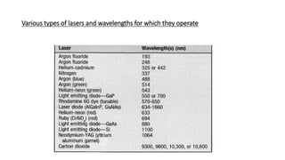 Various types of lasers and wavelengths for which they operate
 