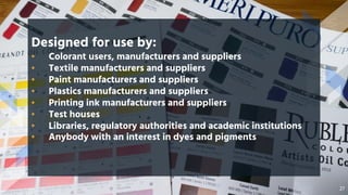 27
Designed for use by:
▪ Colorant users, manufacturers and suppliers
▪ Textile manufacturers and suppliers
▪ Paint manufacturers and suppliers
▪ Plastics manufacturers and suppliers
▪ Printing ink manufacturers and suppliers
▪ Test houses
▪ Libraries, regulatory authorities and academic institutions
▪ Anybody with an interest in dyes and pigments
 