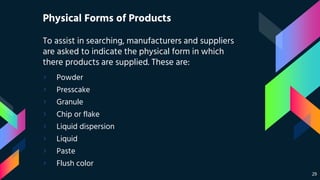 Physical Forms of Products
To assist in searching, manufacturers and suppliers
are asked to indicate the physical form in which
there products are supplied. These are:
› Powder
› Presscake
› Granule
› Chip or flake
› Liquid dispersion
› Liquid
› Paste
› Flush color
29
 