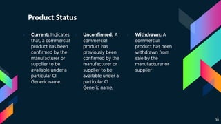 Product Status
› Current: Indicates
that, a commercial
product has been
confirmed by the
manufacturer or
supplier to be
available under a
particular CI
Generic name.
› Unconfirmed: A
commercial
product has
previously been
confirmed by the
manufacturer or
supplier to be
available under a
particular CI
Generic name.
› Withdrawn: A
commercial
product has been
withdrawn from
sale by the
manufacturer or
supplier
30
 