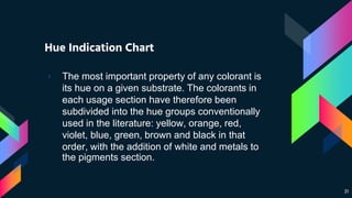 Hue Indication Chart
› The most important property of any colorant is
its hue on a given substrate. The colorants in
each usage section have therefore been
subdivided into the hue groups conventionally
used in the literature: yellow, orange, red,
violet, blue, green, brown and black in that
order, with the addition of white and metals to
the pigments section.
31
 