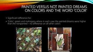 PAINTED VERSUS NOT PAINTED DREAMS
ON COLORS AND THE WORD ‘COLOR’
• Significant difference for:
• ‘Color’, green and mahogany where in each case the painted dreams were higher
than the nonpainted – no difference on all other colors
 