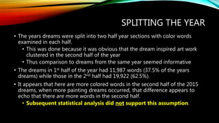 SPLITTING THE YEAR
• The years dreams were split into two half year sections with color words
examined in each half.
• This was done because it was obvious that the dream inspired art work
clustered in the second half of the year
• Thus comparison to dreams from the same year seemed informative
• The dreams in 1st half of the year had 11,987 words (37.5% of the years
dreams) while those in the 2nd half had 19,922 (62.5%).
• It appears that here are more colored words in the second half of the 2015
dreams, when more painting dreams occurred, that difference appears to
echo that there are more words in the second half.
• Subsequent statistical analysis did not support this assumption.
 