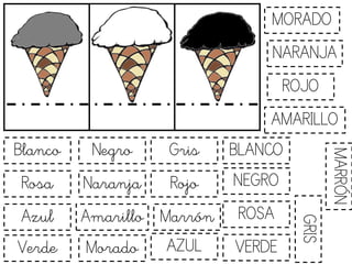 MORADO
NARANJA
ROJO
AMARILLO
Blanco Negro Gris BLANCO
MARRÓN
Rosa Naranja Rojo NEGRO
Azul Amarillo Marrón ROSA
GRIS
Verde Morado AZUL VERDE