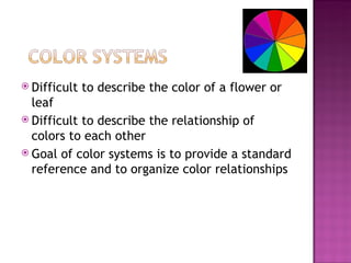<ul><li>Difficult to describe the color of a flower or leaf </li></ul><ul><li>Difficult to describe the relationship of co...