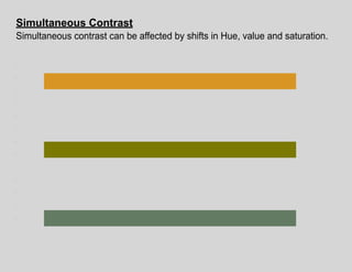 Simultaneous Contrast
Simultaneous contrast can be affected by shifts in Hue, value and saturation.
 