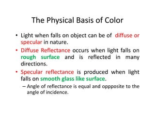 The Physical Basis of Color
• Light when falls on object can be of diffuse or
specular in nature.
• Diffuse Reflectance occurs when light falls on
rough surface and is reflected in manyrough surface and is reflected in many
directions.
• Specular reflectance is produced when light
falls on smooth glass like surface.
– Angle of reflectance is equal and oppposite to the
angle of incidence.
 