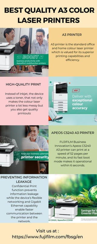 HIGH-QUALITY PRINT
APEOS C5240 A3 PRINTER
PREVENTING INFORMATION
LEAKAGE
A3 printer is the standard office
and home colour laser printer
which is valued for its superior
printing capabilities and
efficiency.
Instead of inkjet, the device
uses a toner, that not only
makes the colour laser
printer a lot less messy but
you also get quality
printouts
FUJIFILM Business
Innovation’s Apeos C5240
A3 printer can print at a
speed of 52 pages per
minute, and its fast boot
mode makes it operational
within 6 seconds.
Confidential Print
function prevents
information leakage
while the device’s flexible
networking and Gigabit
Ethernet capability
enable faster
communication between
the printer and the
network.
Visit us at :
https://www.fujifilm.com/fbsg/en
BEST QUALITY A3 COLOR
LASER PRINTERS
A3 PRINTER
 