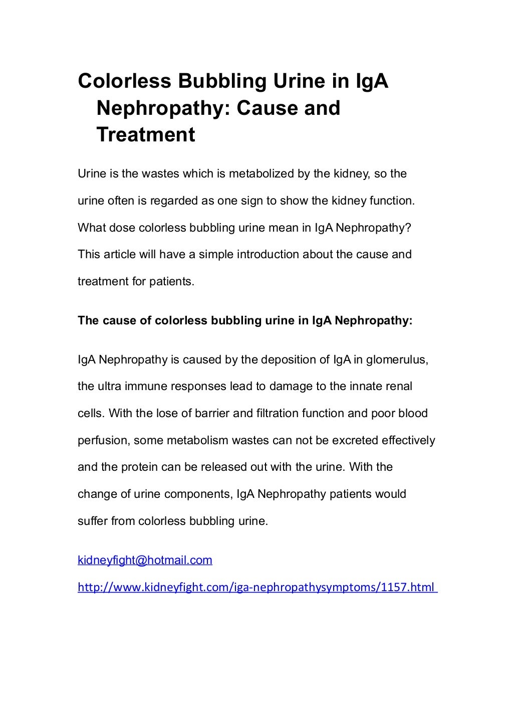 Colorless Bubbling Urine in Iga Nephropathy Cause and Treatment