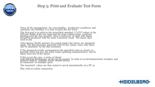 13
Step 5: Print and Evaluate Test Form
Once all the prerequisites for consumables, production conditions and
machines are fulfilled, it is time to print the test form:
.
The first goal is to achieve the prescribed standard L*a*b* values in the
full tone fields of the test form and the print control strips. Continue
printing until the best possible value is achieved. At least 200 sheets
should be produced with the same consistent result. The sheets then
need to dry.
After drying (30-60 minutes for coated paper) the sheets are measured
again. The specifications generally refer to dry values, since only these
can be measured by the end consumer.
If the measured results correspond to the specified value as closely as
possible when dry, too, the tonal values (printing characteristics) can be
taken from one of the sheets.
If this is not the case, a series of sheets
with different thicknesses of ink can be created. In order to avoid measurement mistakes and
material defects, multiple sheets should always
be measured on multiple spots.
The measured values are then noted or saved automatically on a PC or
Mac with an online connection.
 
